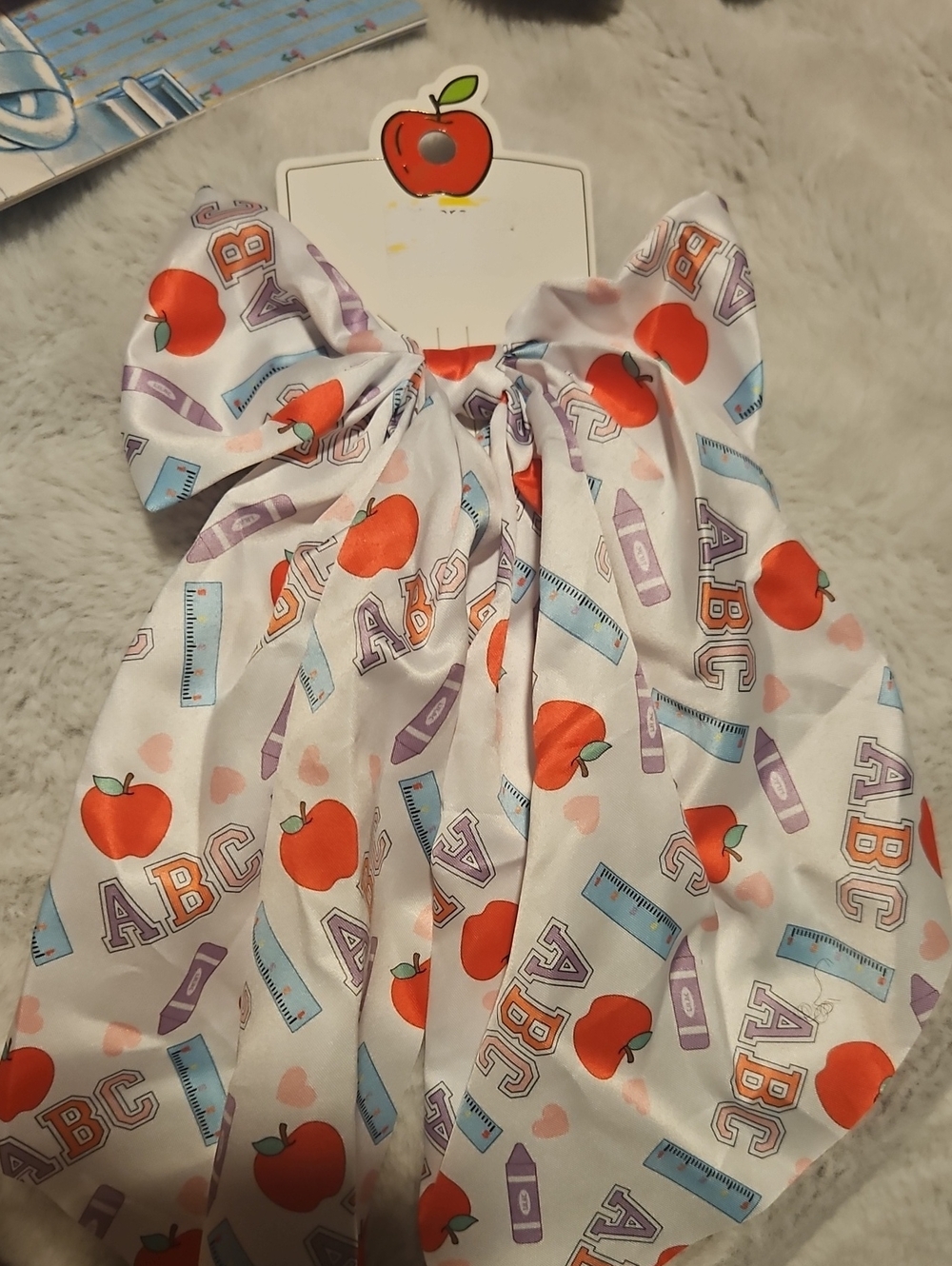 Apple & ABC Print Hair Bow — White with Red Apples